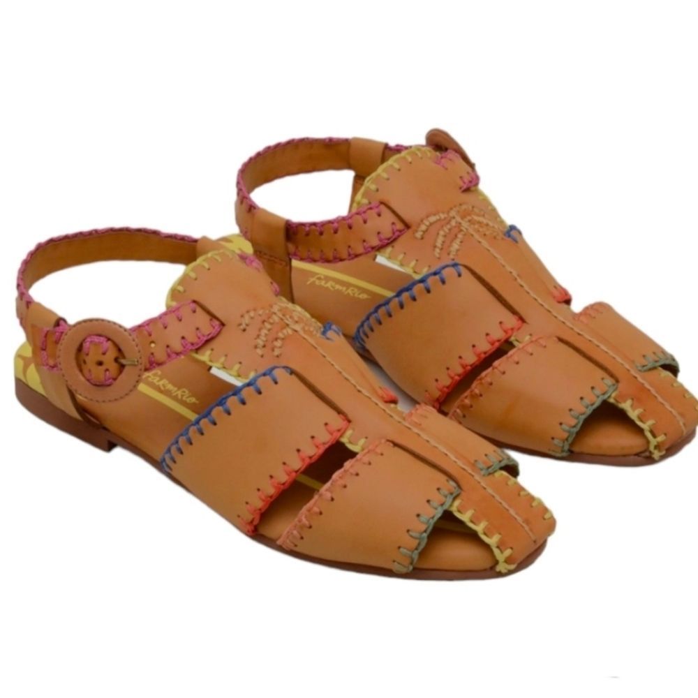 Farm Rio Caramel Palm Tree Strap Sandals NWOT Women's US 9 Bohemian Leather